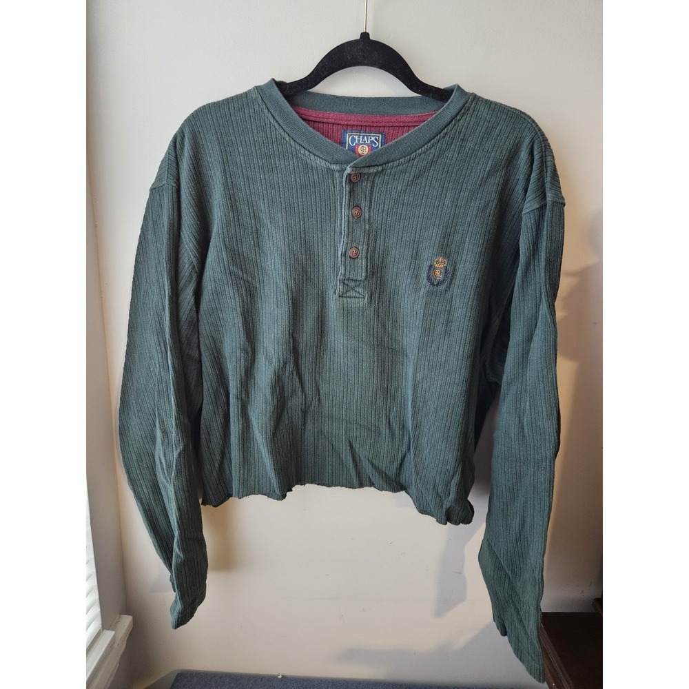 Vtg CHAPS Ralph Lauren Ribbed Henley Crop Long Sleeve Green Altered Hem Size L‎